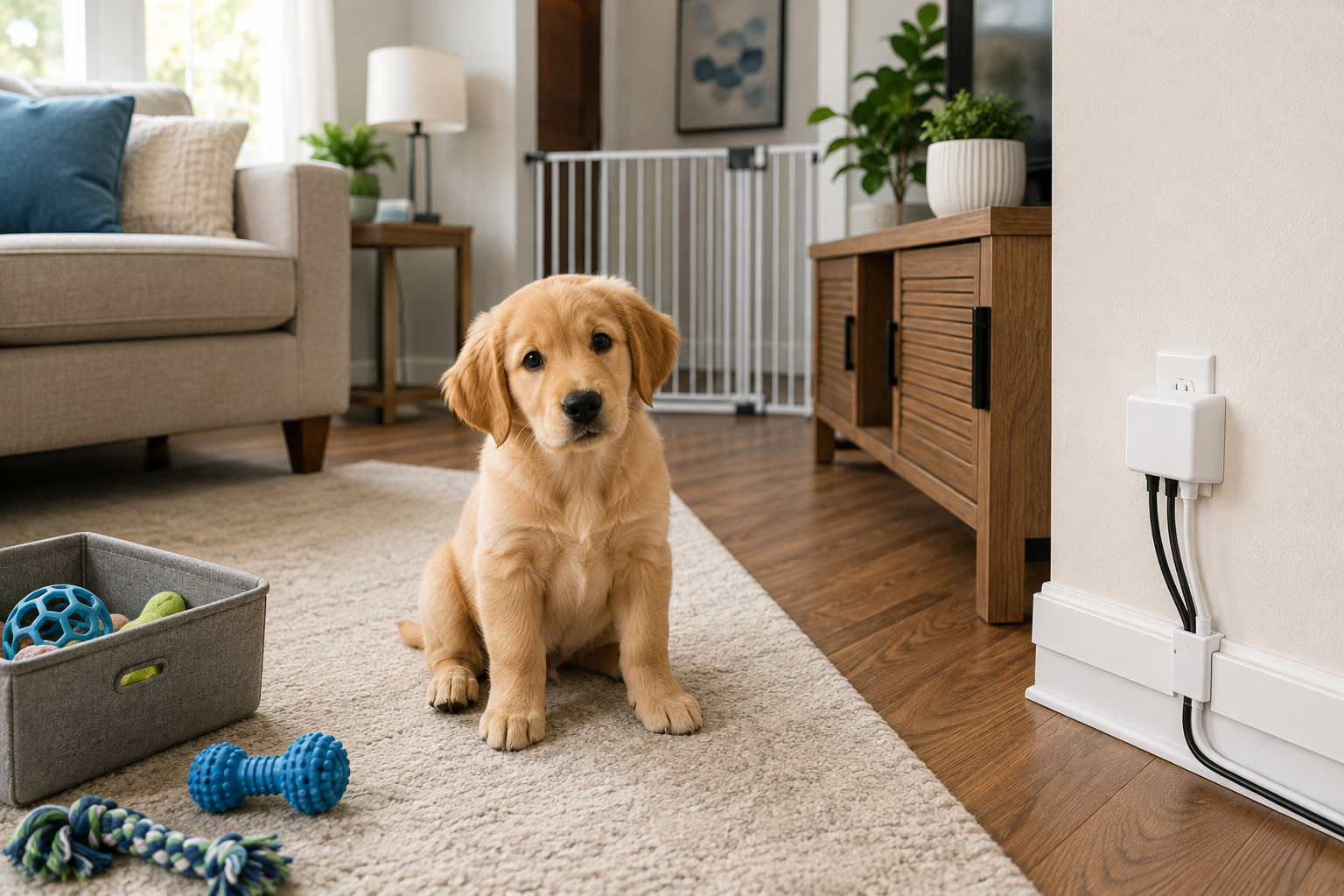 Puppy-proof-your-home with secured cords and safety gate
